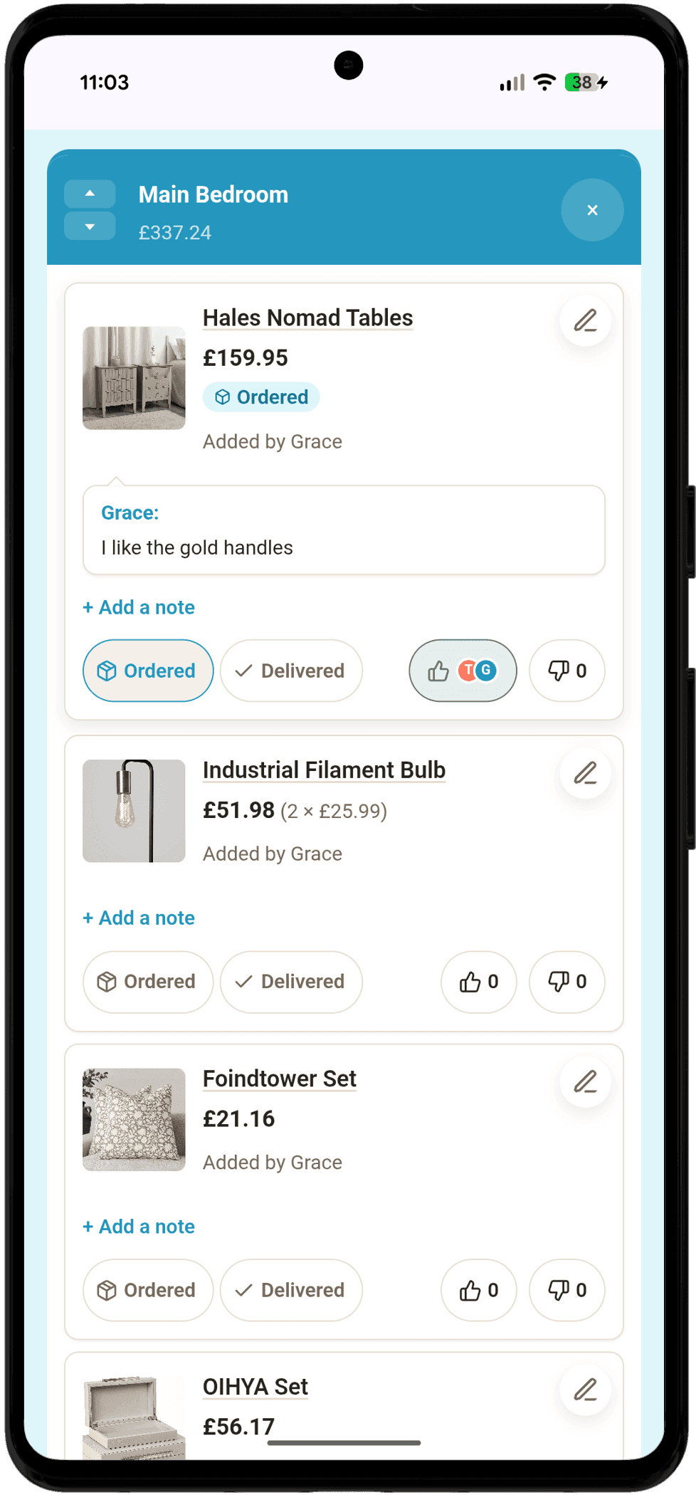 Furnish Together on a phone: a Main Bedroom list with its running total, item prices, a note from one partner and both partners' thumbs up on a pair of bedside tables