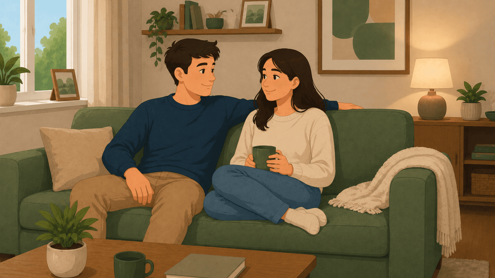 Illustration of a couple sitting together on a sofa having a relaxed conversation