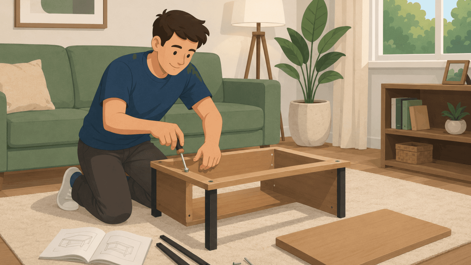 Illustration of someone assembling a flat-pack coffee table in a living room