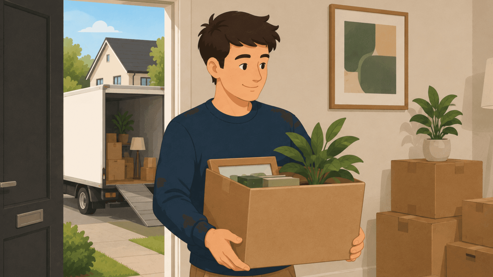 Illustration of a man carrying a box of belongings into a new rented flat, with a moving van outside