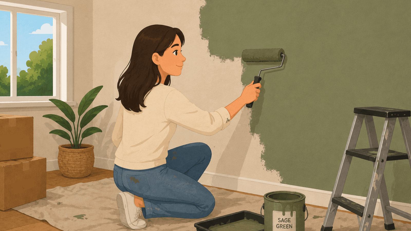 Illustration of a woman painting a living room wall sage green during a home move