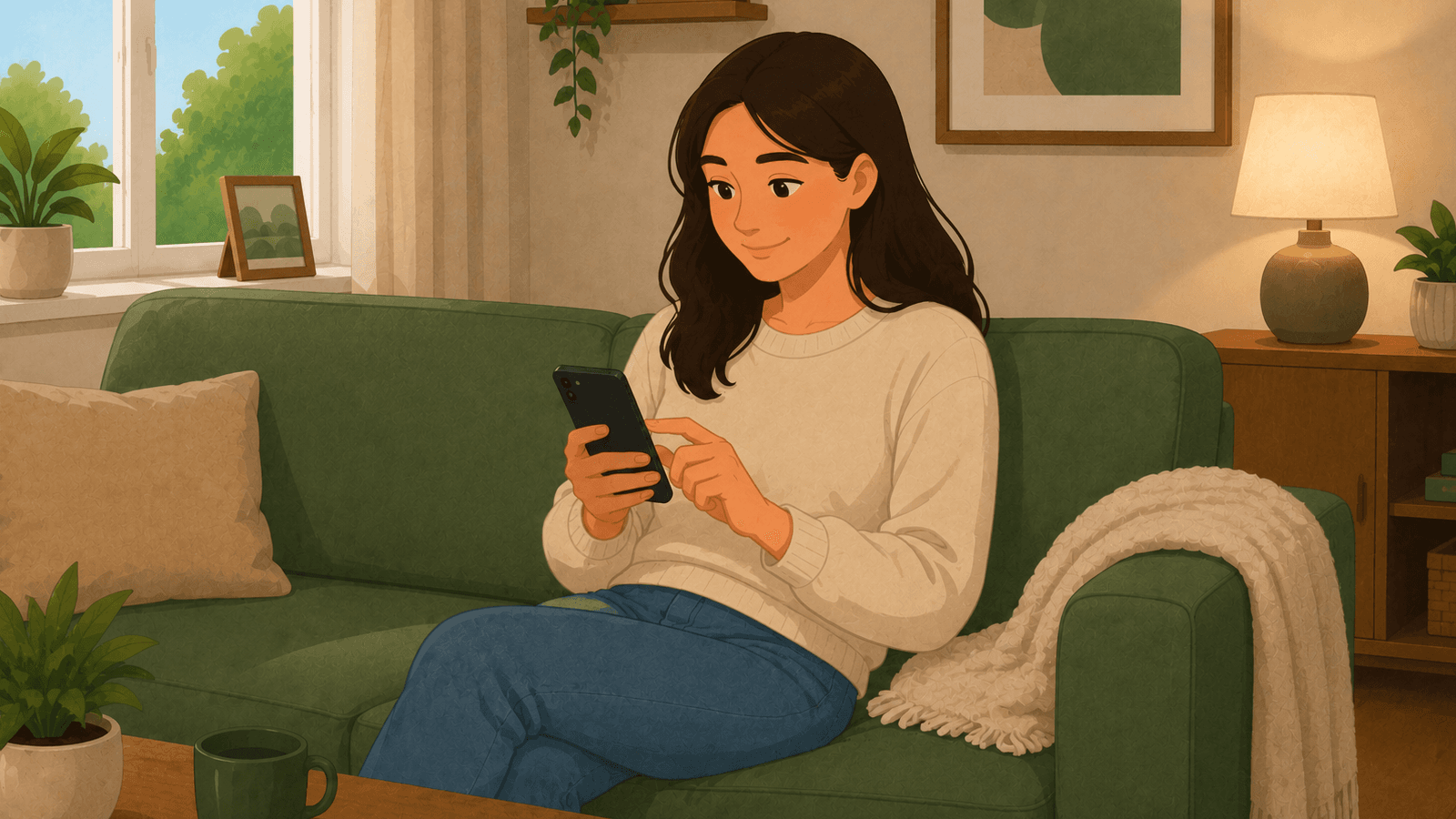 Illustration of a woman using a furniture wishlist app on her phone while sitting on the sofa