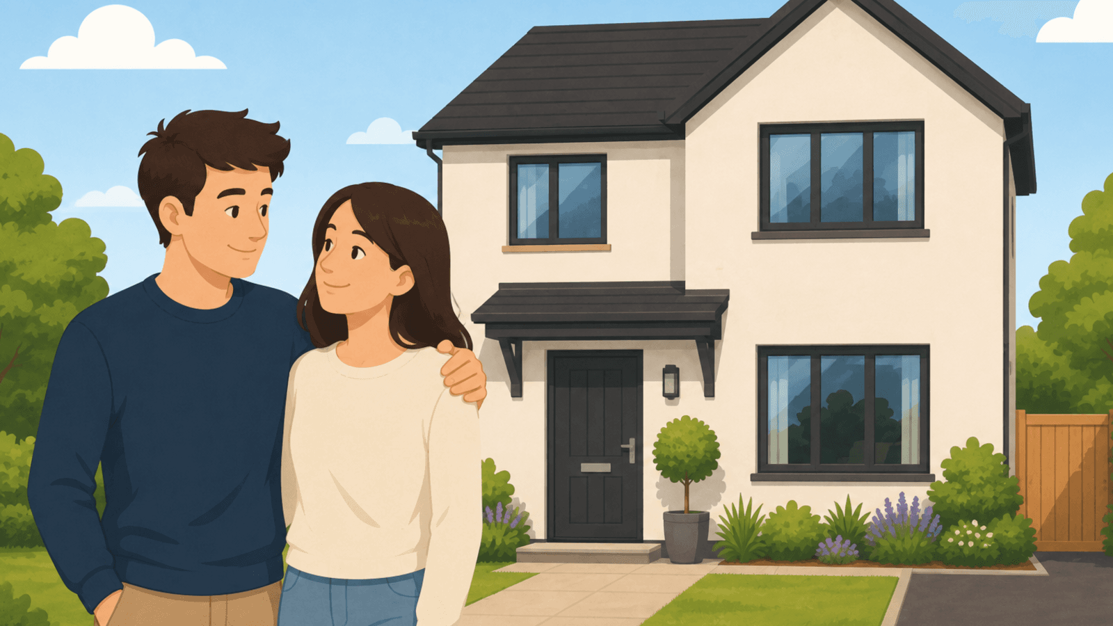 Illustration of a couple standing arm in arm outside their new home