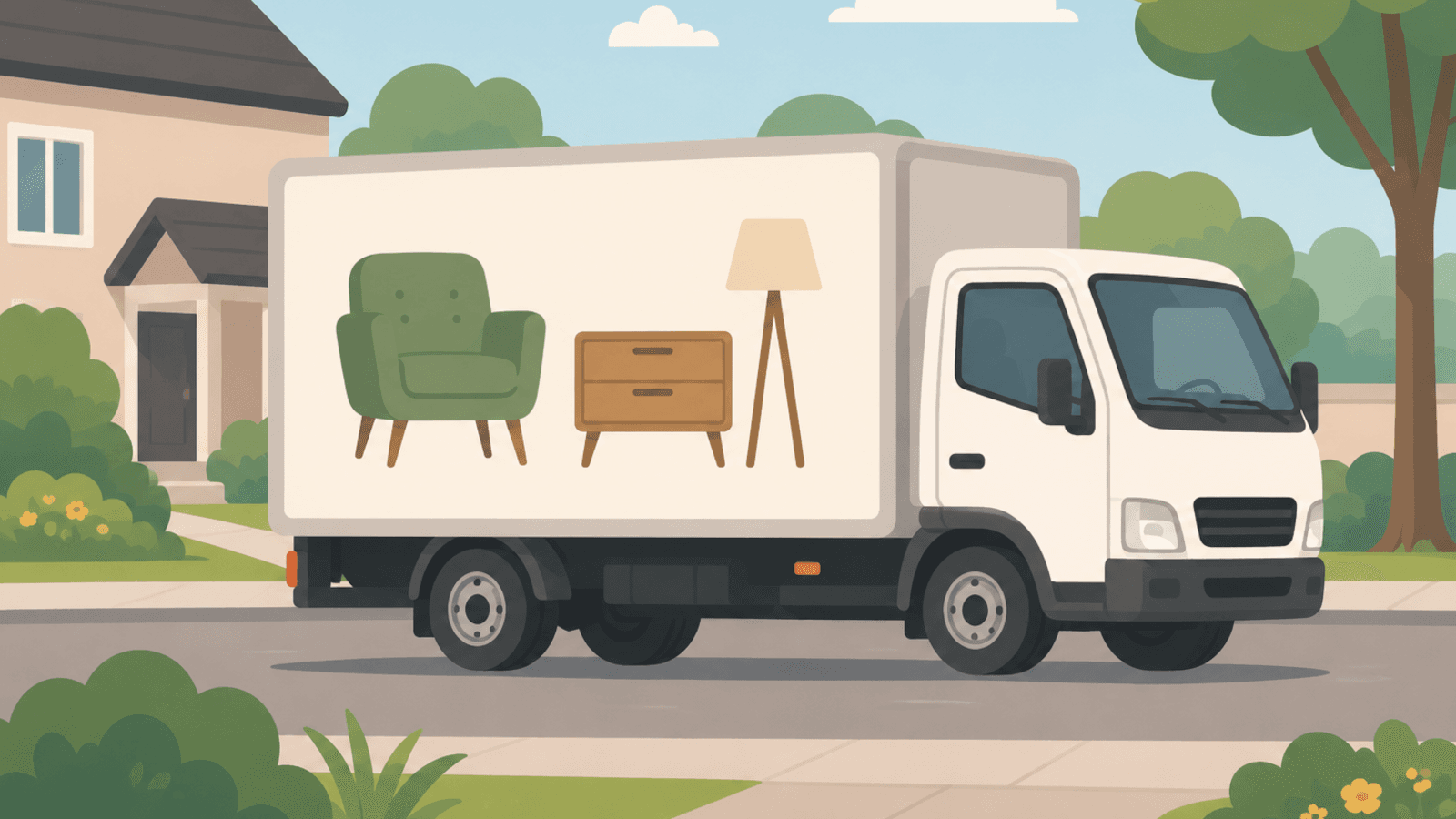 Illustration of a moving van loaded with furniture parked outside a house