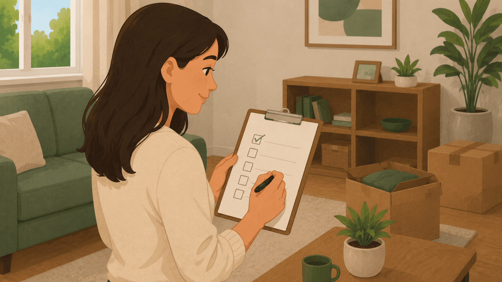 Illustration of a woman ticking off a moving-in furniture checklist on a clipboard, with moving boxes in the living room behind her