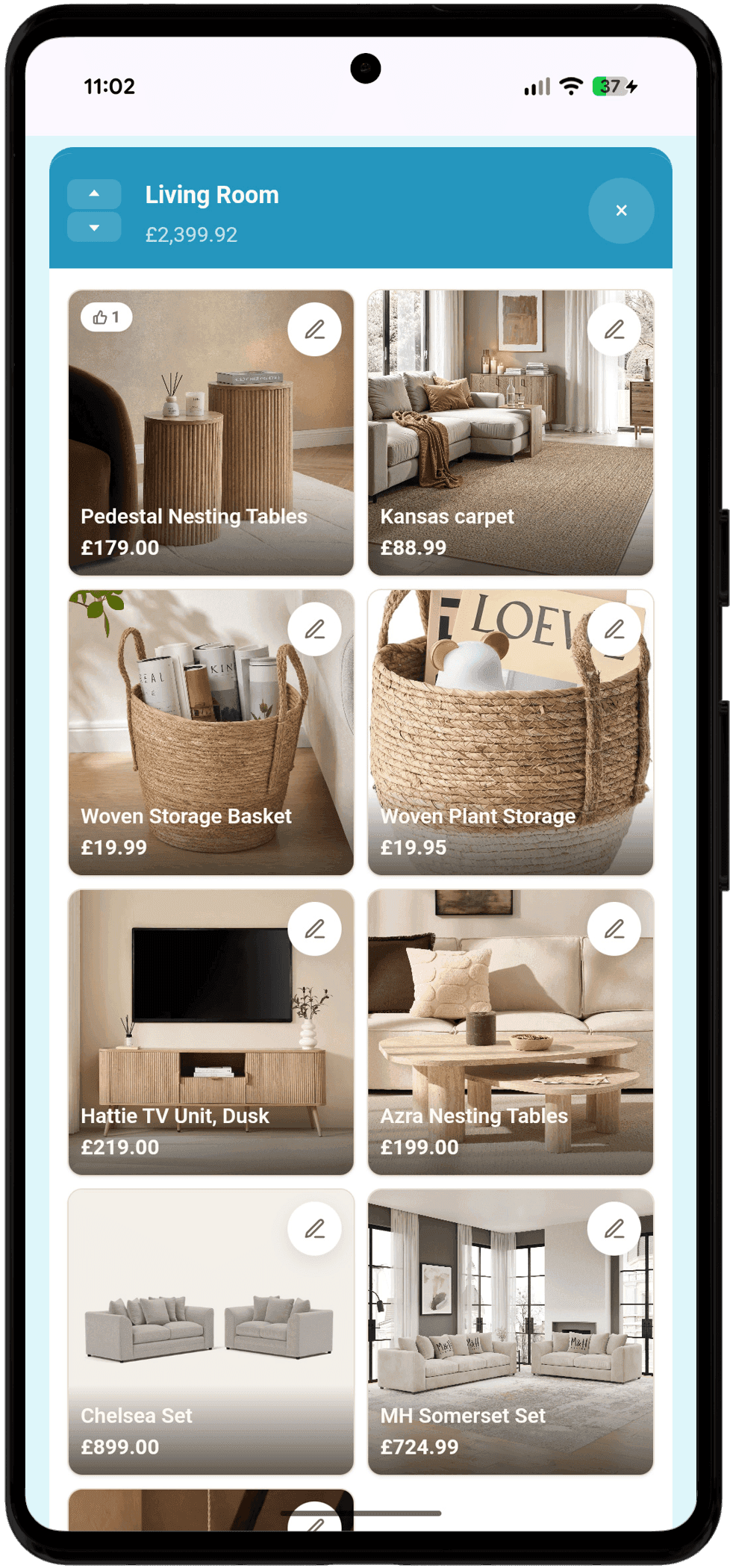 A Living Room list with furniture items collaged by price and photo