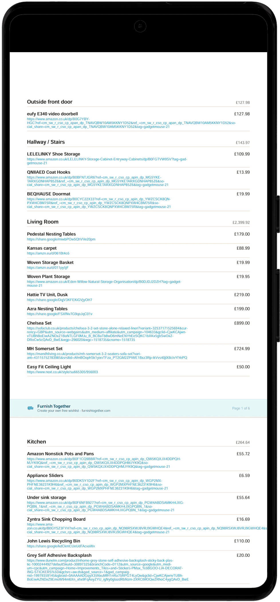 A generated PDF checklist listing items by room with prices and links