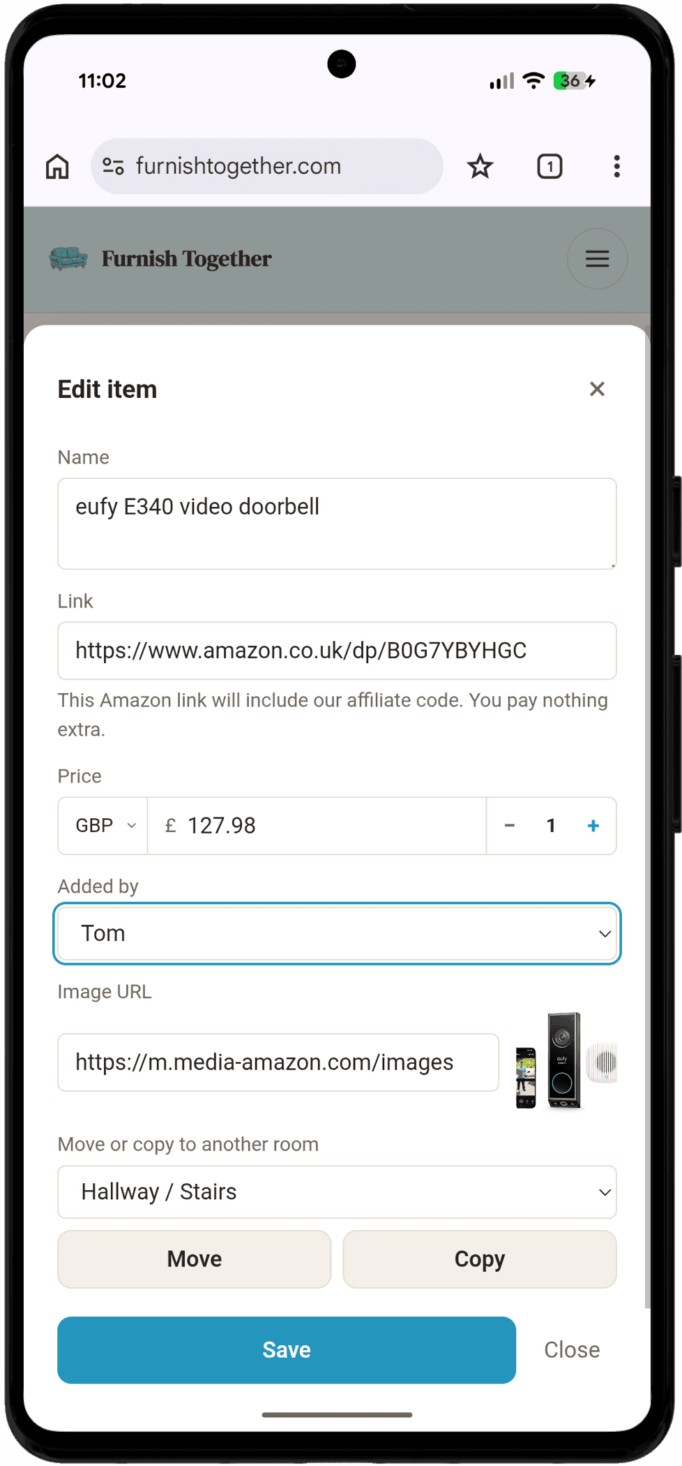 The edit item form with a pasted product link, price, and photo filled in