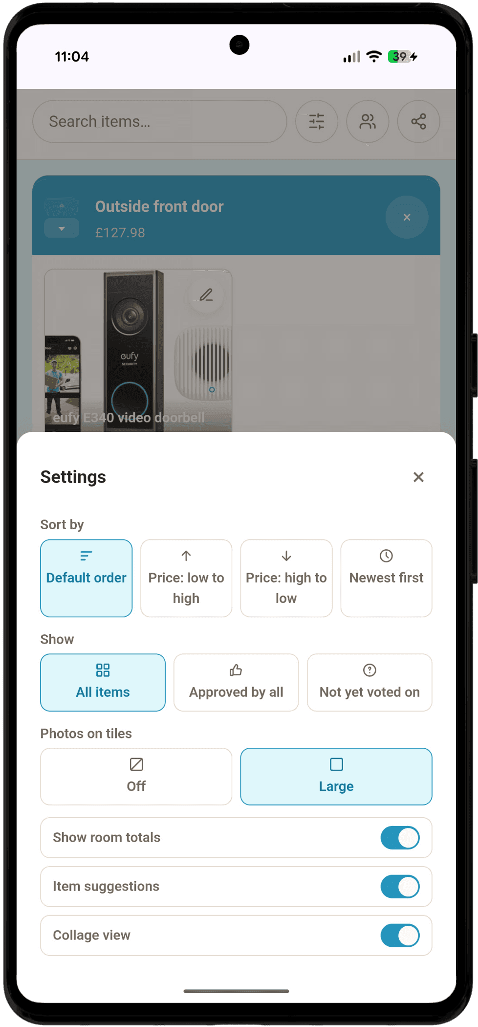 The settings panel for sorting, filtering, and photo display options