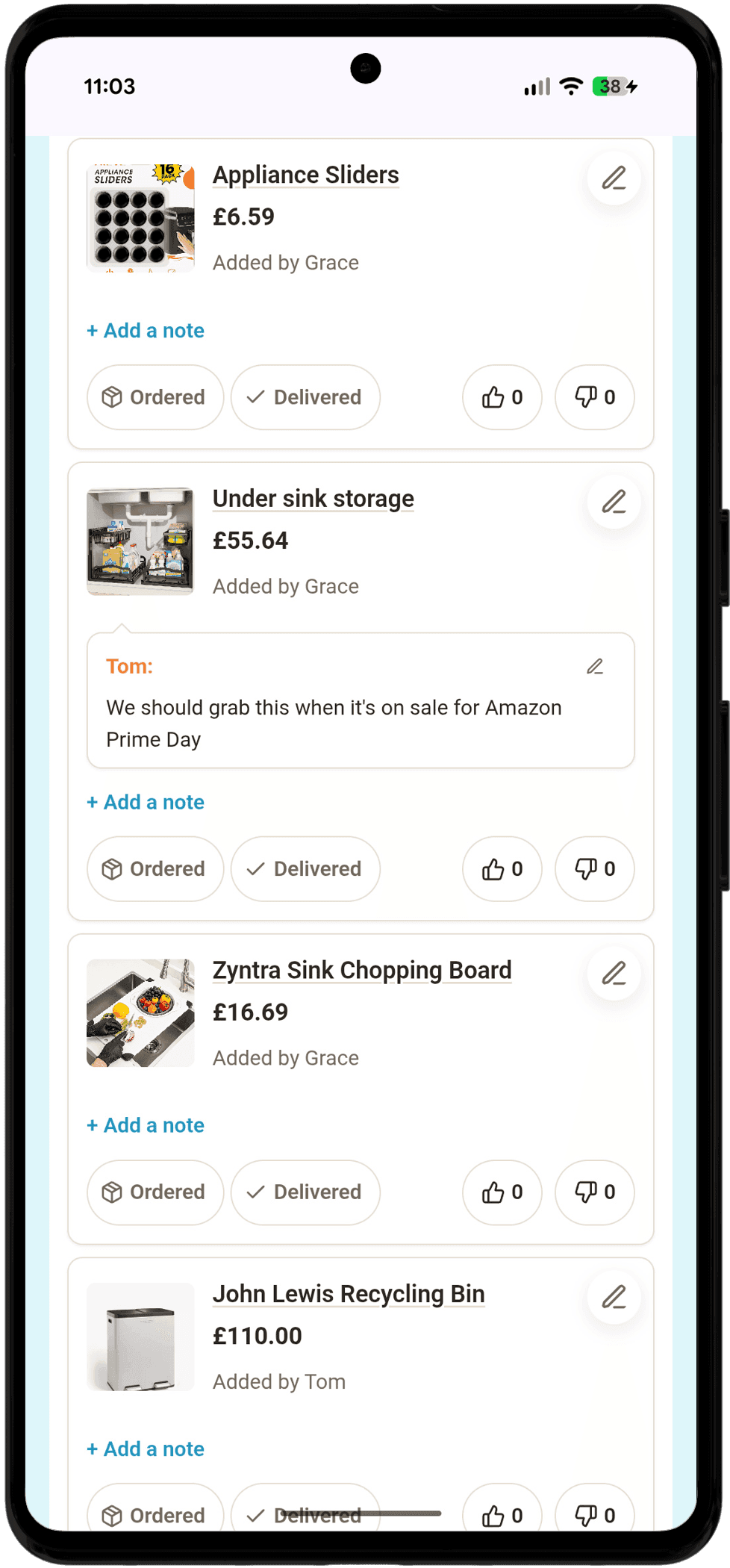 Item cards with Ordered and Delivered status buttons and a reply on one item