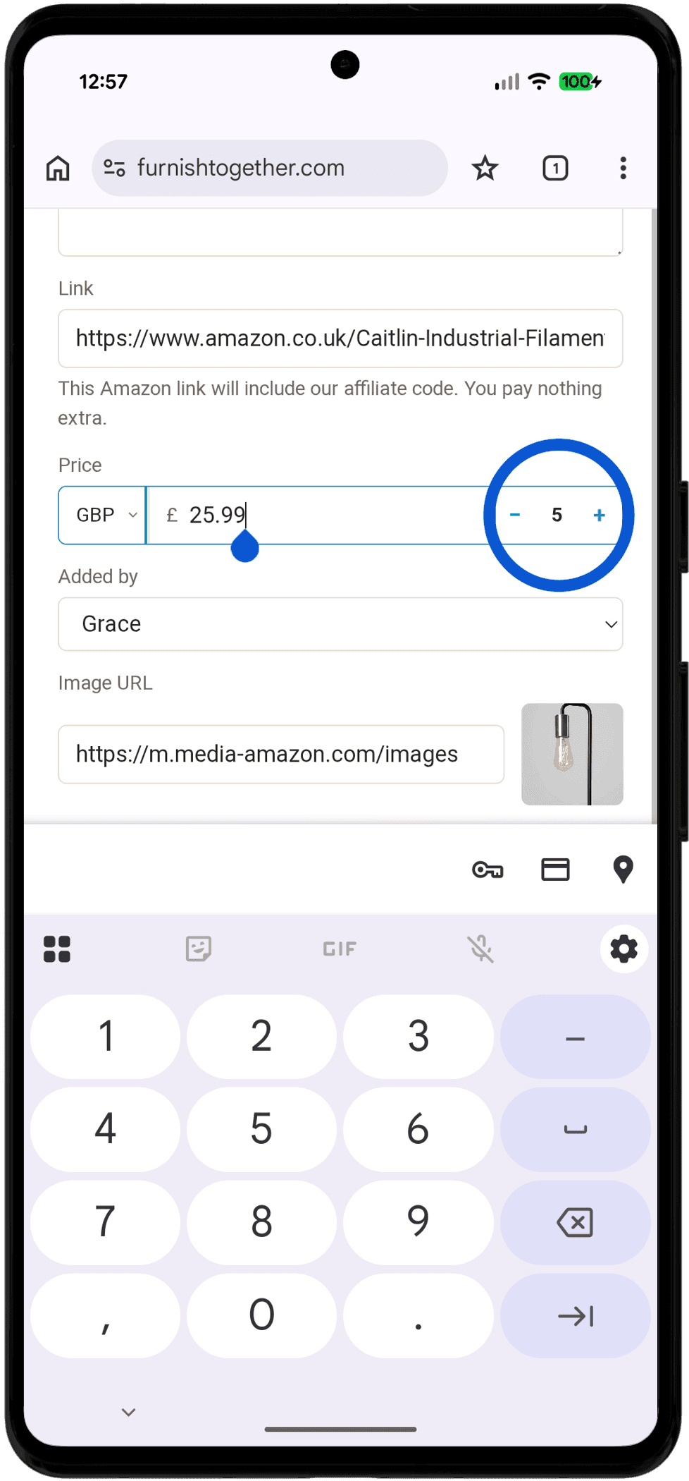 The edit item form with quantity set to 5 and the price shown per item