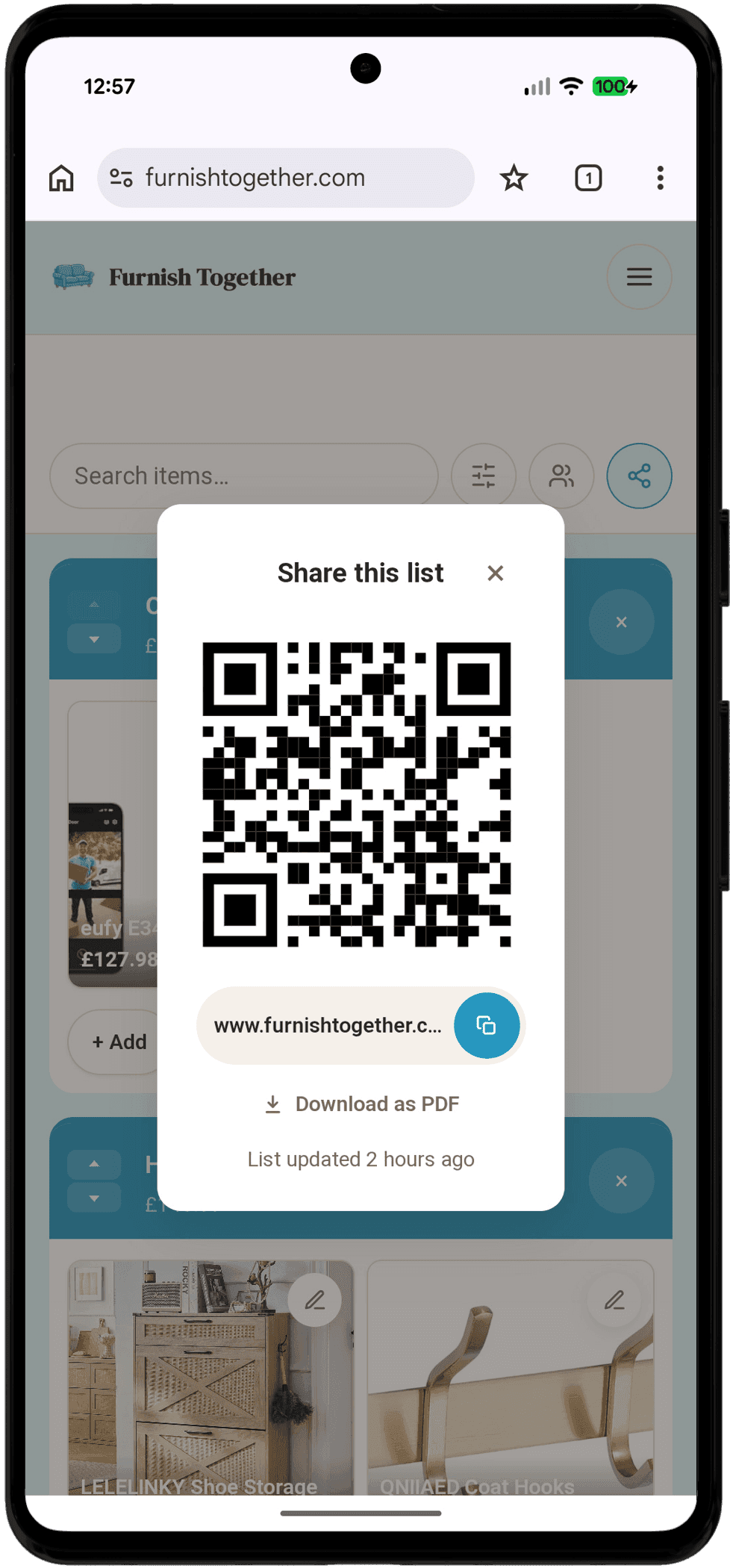 The share panel with a QR code, copy-link button, and Download as PDF link