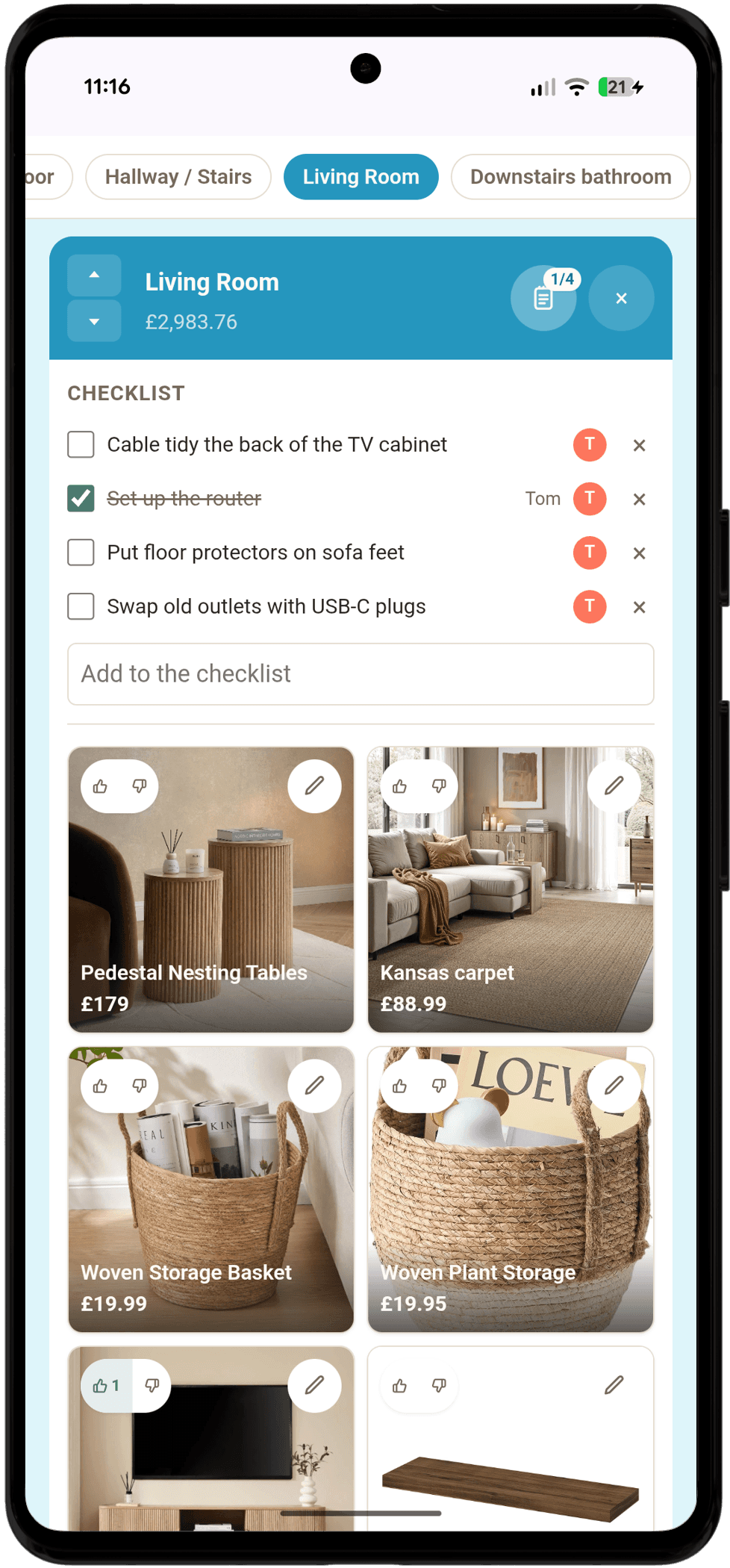 A Living Room checklist with four jobs, one ticked off, above the room's items