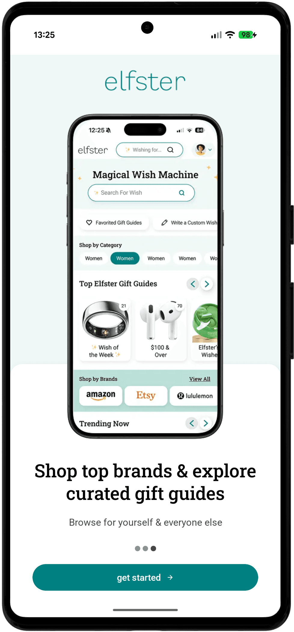 Elfster's home screen, organised around shopping categories and gift guides