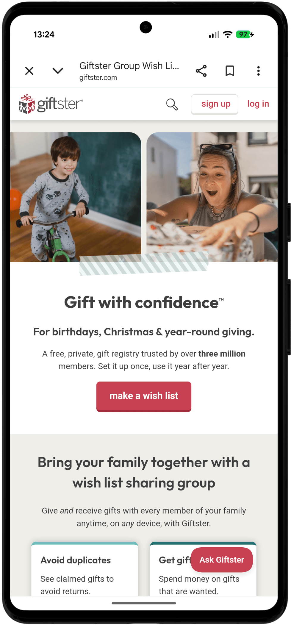 Giftster's homepage, built around gift registries and family sharing groups