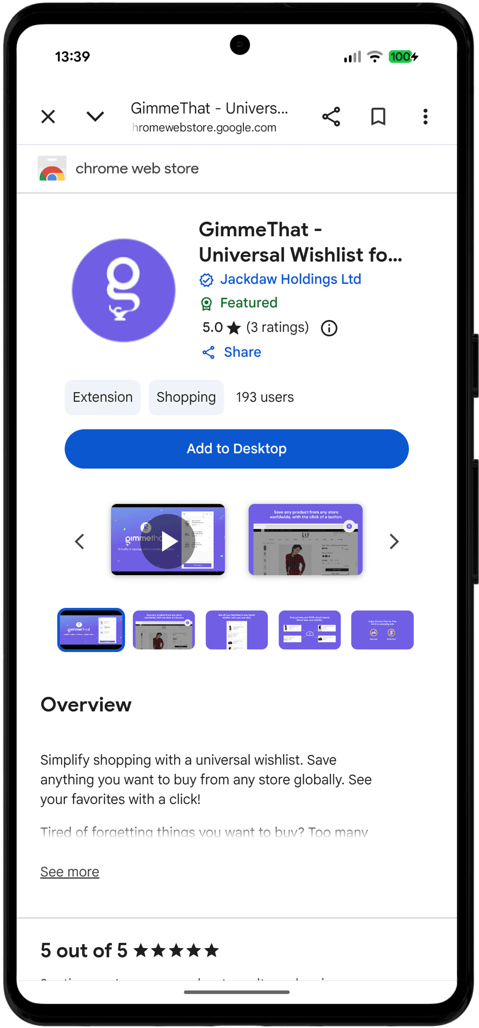 GimmeThat's Chrome Web Store listing, a universal wishlist extension