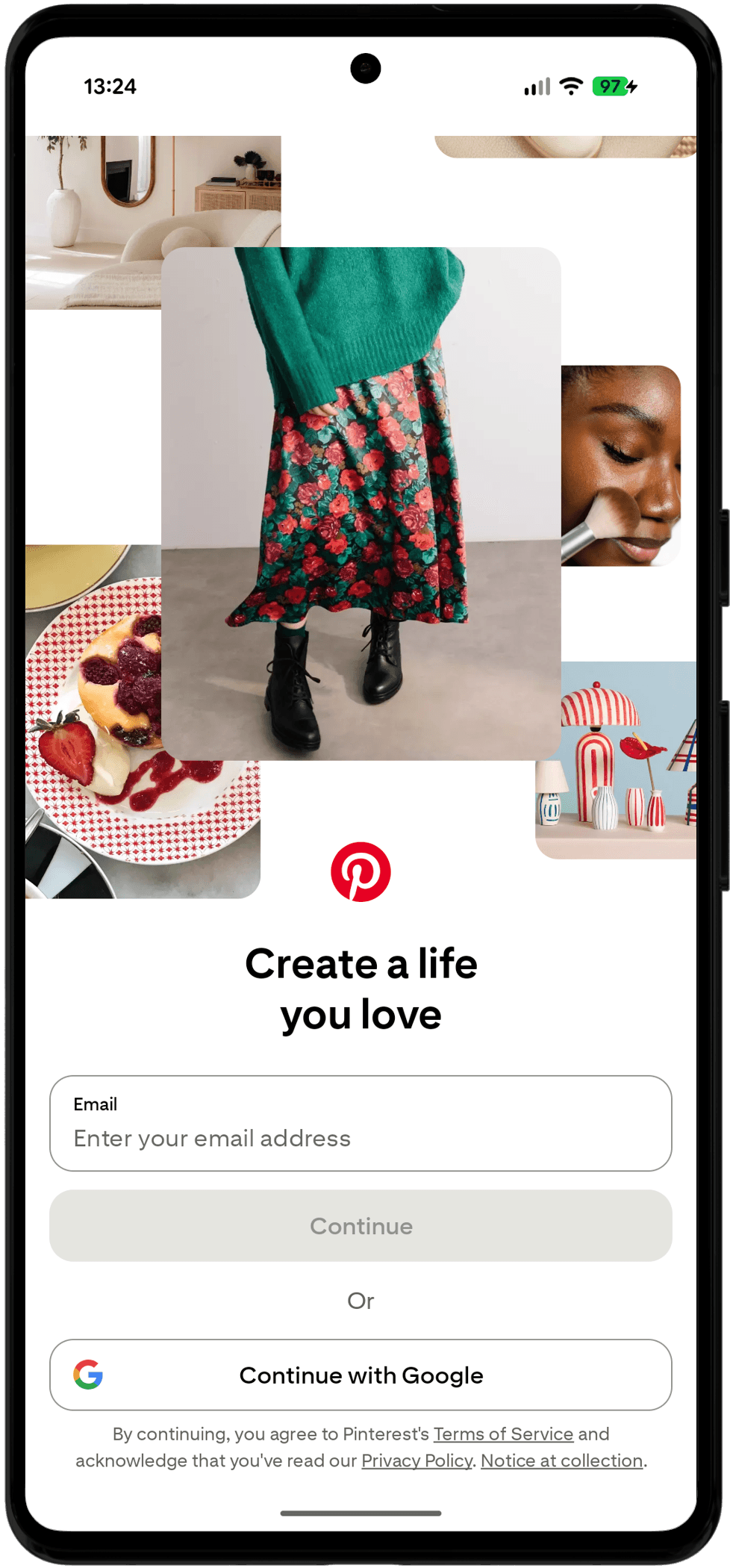 Pinterest's sign-up screen, behind a board of furniture and lifestyle photos