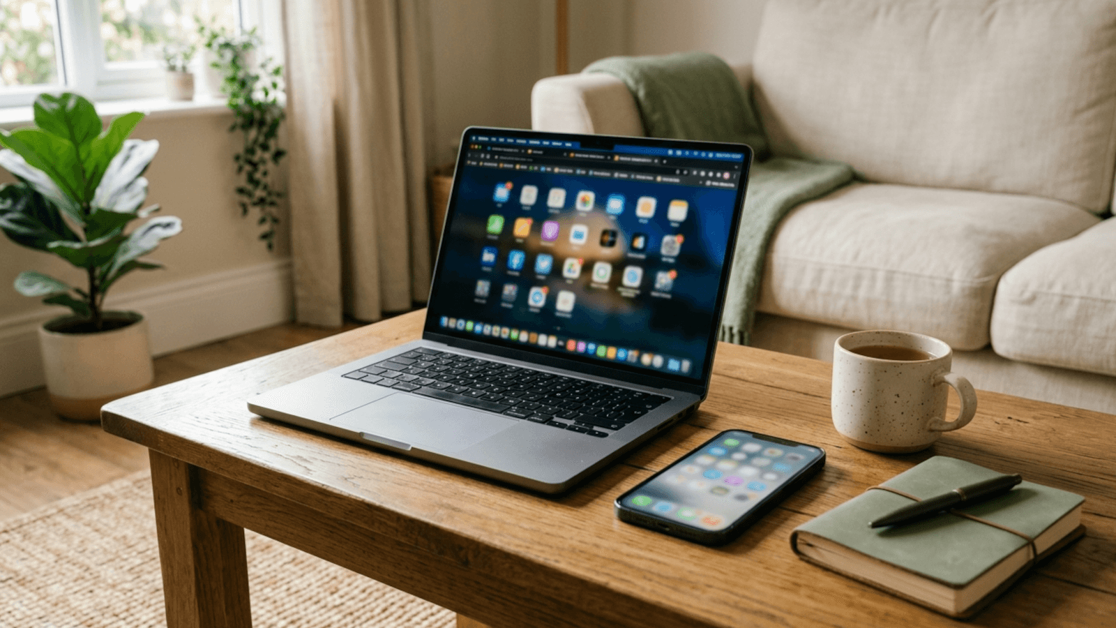 A laptop and phone on a coffee table showing app icons, next to a mug of tea and a notebook
